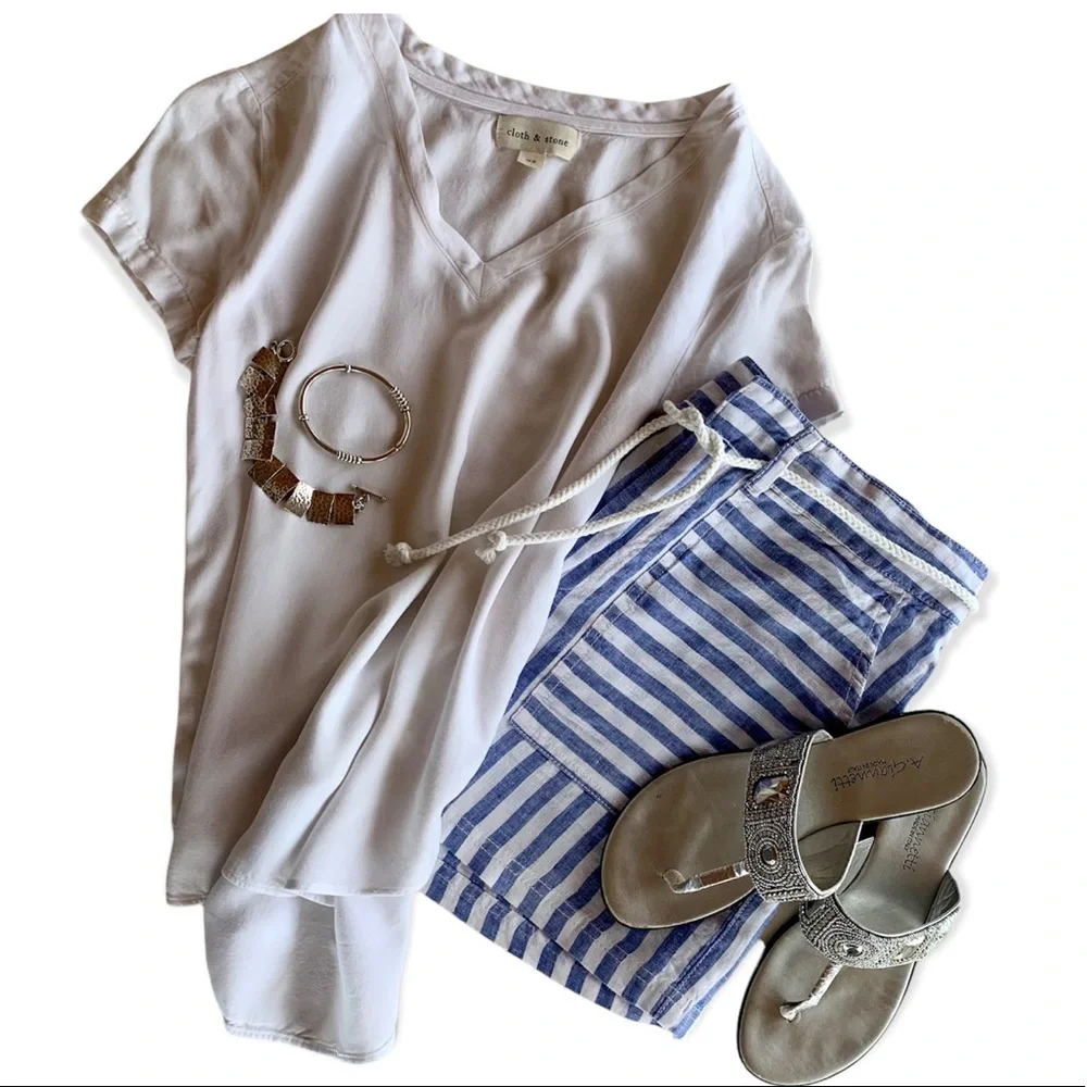 100% Linen Nicole Miller Striped Shorts in Blue & White with Rope Tie Belt - Picture 4 of 9